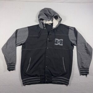 Vintage DC Shoes Varsity Hoodie Men Large Snap Front Black Gray Skater LOGO Y2K